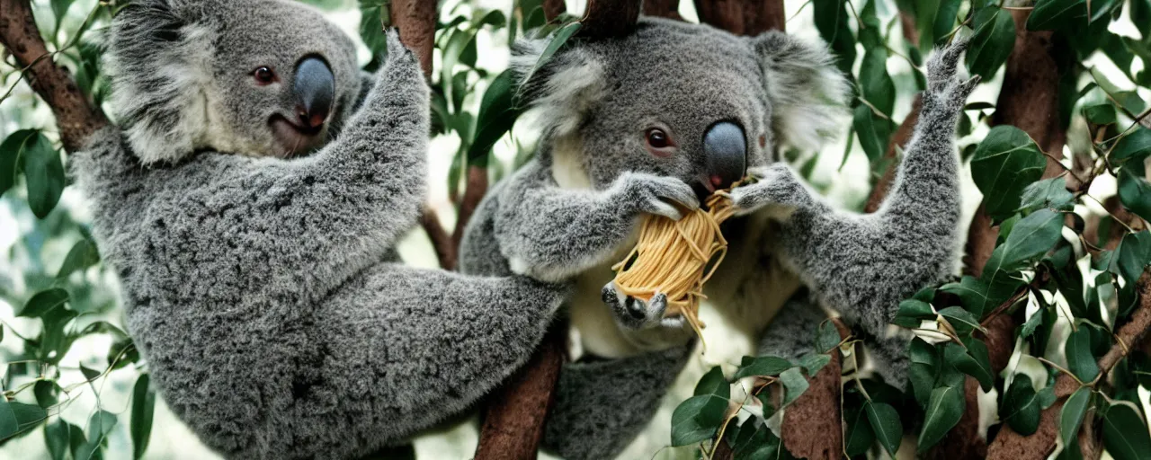 Image similar to 1 koala ( solo ), eating spaghetti from a tree, canon 5 0 mm, film, kodachrome, retro, muted