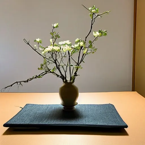 Prompt: “ tatami room, ikebana, summer kakejiku ”