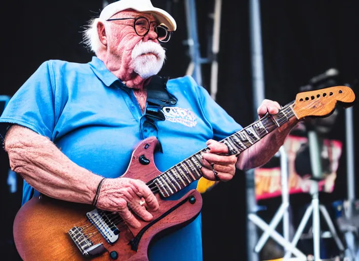 Prompt: photo still of wilford brimley on stage at vans warped tour!!!!!!!! at age 6 0 years old 6 0 years of age!!!!!!! shredding a guitar on stage, 8 k, 8 5 mm f 1. 8, studio lighting, rim light, right side key light