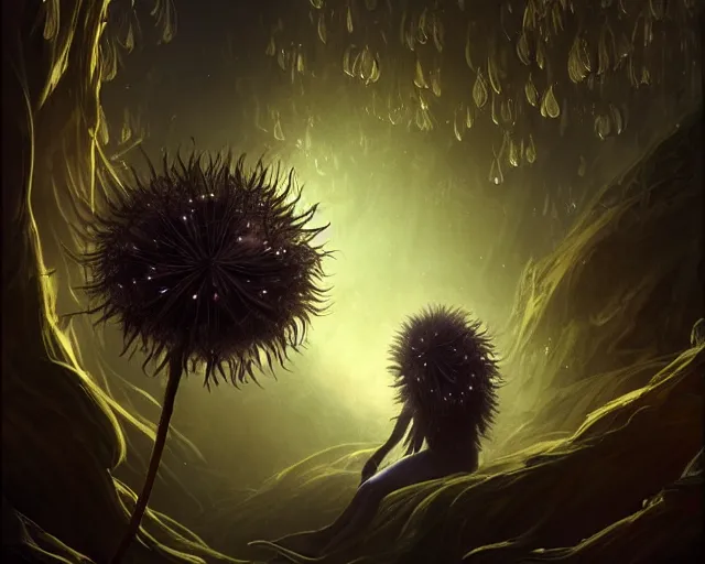 Image similar to 4 k cinematic still portrait of a bipedal dandelion monster in a dark liminal space room, amber glow, deep focus, d & d, fantasy, intricate, elegant, highly detailed, digital art, art station, concept art, matte, sharp focus, illustration, dark fantasy art, hearthstone, art by artgerm and greg rutkowski and alphonse mucha