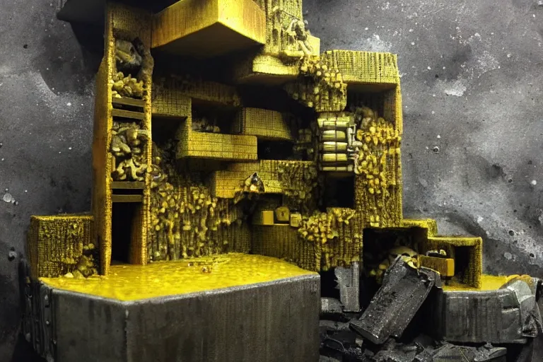 Prompt: favela bunker spaceship beeswax hive, brutalist waterfall environment, industrial factory, whimsical, award winning art, epic dreamlike fantasy landscape, ultra realistic,