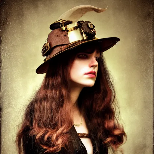 Image similar to a portrait beautiful steampunk woman by mario testino, long hair, aged 2 5, swedish, wearing a travel hat, photo realistic, 3 5 mm, photograph, octane render, trending on artstation