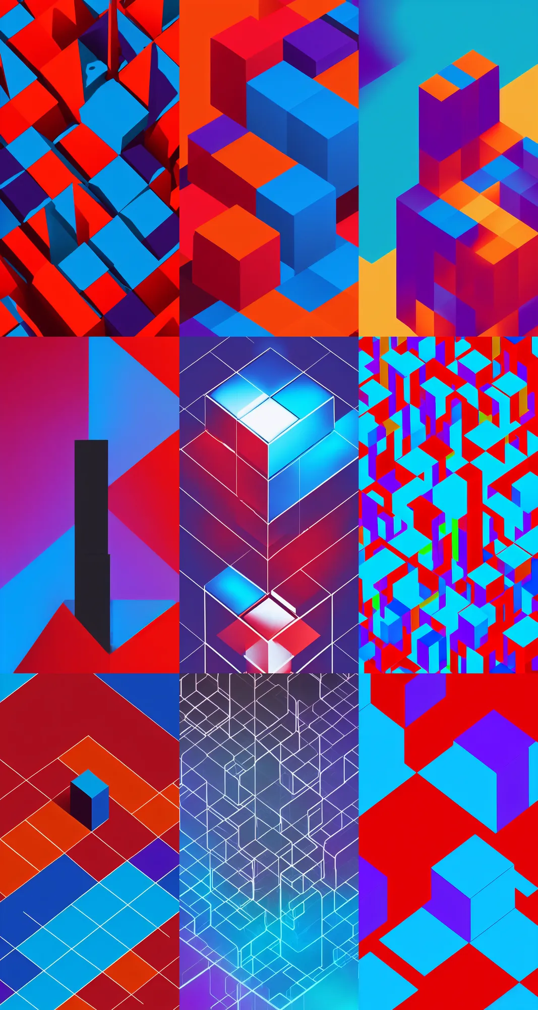 Prompt: a crisp minimal abstract wallpaper of a cube tower building with tiny people in it, dark black background, oled, blue, purple, red, layered, desktop background, behance, artstation, deviantart, global illumination, ray tracing