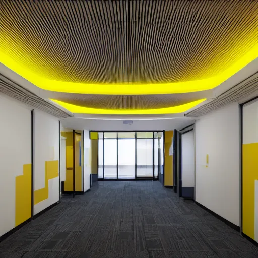 Image similar to office building interior, musty yellow carpet, yellow wallpaper, buzzing lights