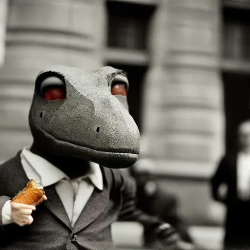 Image similar to a real photo by saul leiter of a small anthropomorphic dinosaur wearing a suit and standing in paris while holding a baguette