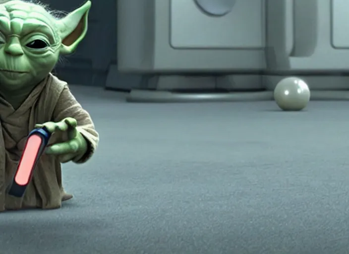 Image similar to film still of yoda goes bowling in the new Star Wars movie, 4k