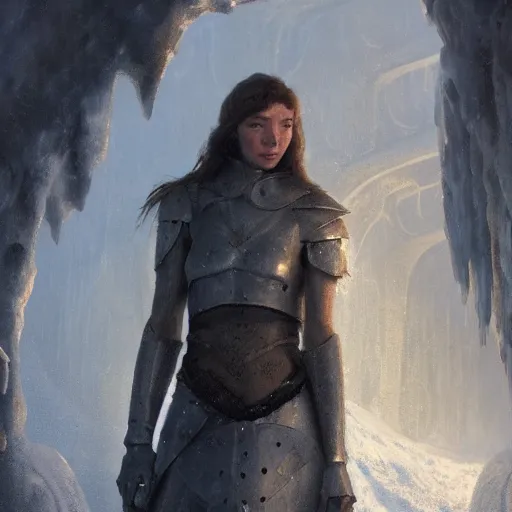 Image similar to eleanor tomlinson in steel armor in the ice cave. greg rutkowski. boris vallejo. 3 8 4 0 x 2 1 6 0