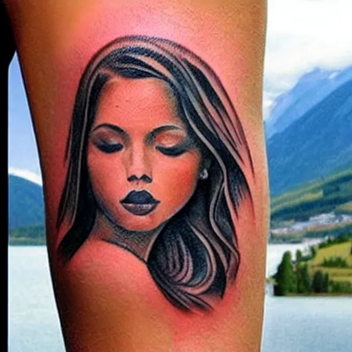 Prompt: tattoo design sketch of a beautiful girl and beautiful mountain scenery, hyper realistic