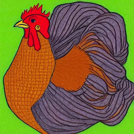 Prompt: A chicken knitting a scarf, color drawing