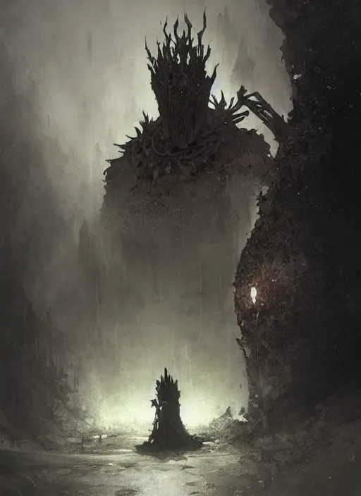 Prompt: folk horror illustration of the ashen one from dark souls 3, art by greg rutkowski, art by craig mullins, art by thomas kincade, art by Yoshitaka Amano