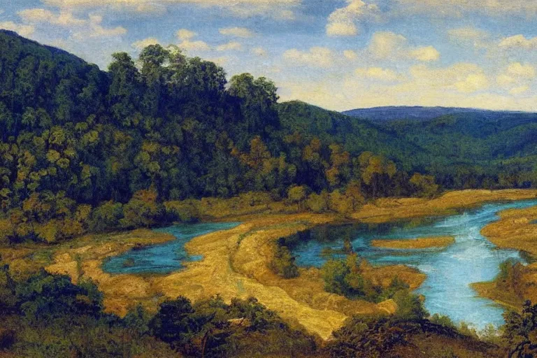 Prompt: two rivers converge to form one larger river, appalachian mixed mesophytic forest, vibrant blue sky background, by Cortes Thurman the greatest Barbizon artist ever known, rendered in hyperdetailed Ultra HD