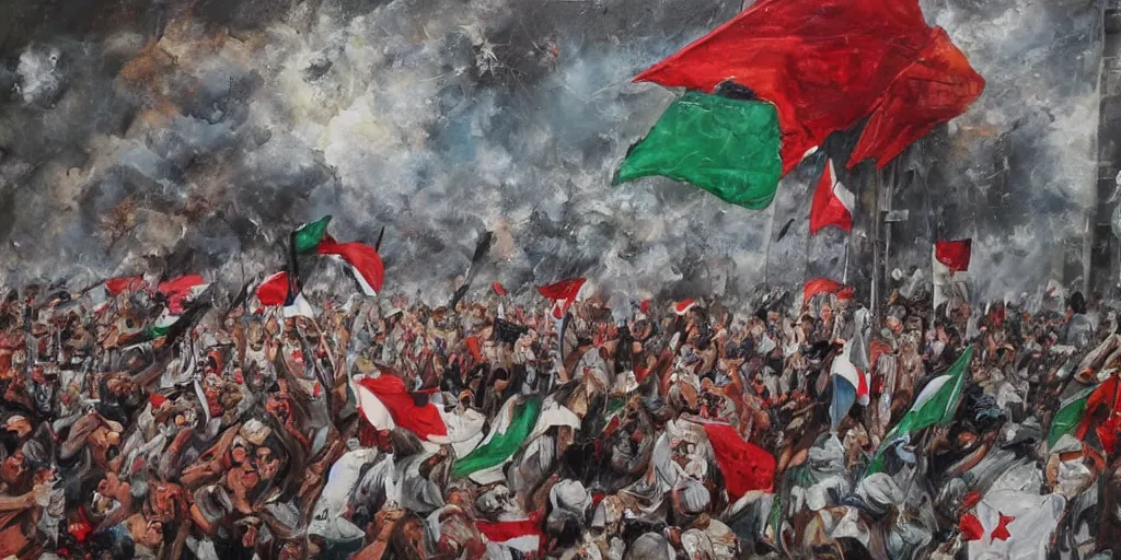 Image similar to dramatic oil painting of freedom for palestine, red green white black