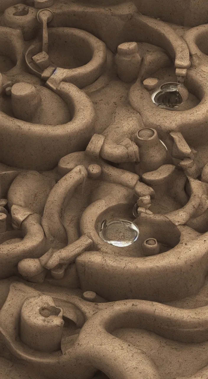 Prompt: a stream of water entering into a machine made of six clay amphoras ejecting a large coin, futuristic, 3 d render, blender, kidneys, veins, isometric, durer, dynamic lighting.