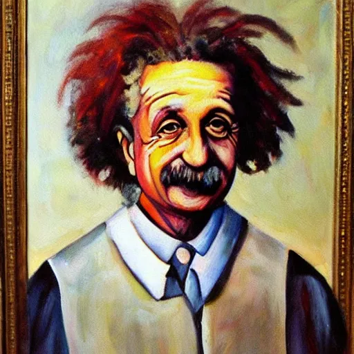 Prompt: An oil painting of Albert Einstein with a crown