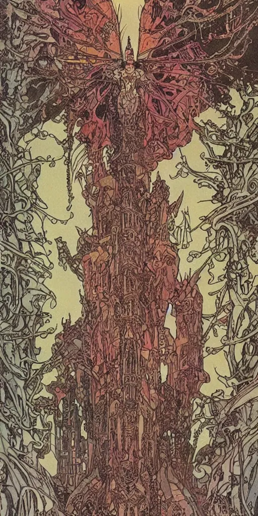 Image similar to castle by philippe druillet and mucha and moebius