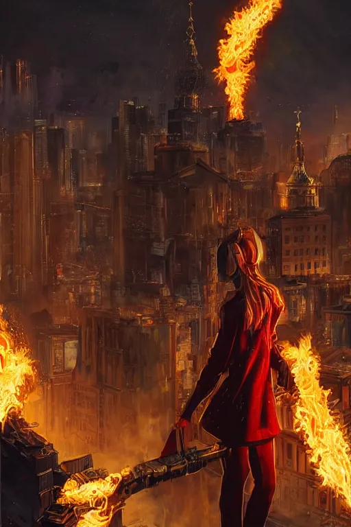 Image similar to in the foreground Saint Petersburg in cyberpunk, in the background a magnificent young blonde woman from behind playing with flames coming out of her hands wearing a long matrix-style jacket, realistic, high definition, many details, dramatic scene, symmetrical face, eyes realistic, art of jesper ejsing