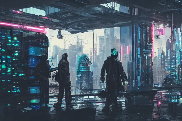 Image similar to cyberpunk hackers in high tech compound by Emmanuel Lubezki