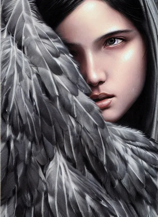 Image similar to a teenage girl with very short black hair and a huge cloak made of grey and black feathers. beautiful highly detailed face. beautiful painting by artgerm and greg rutkowski and raymond swanland, detailed portrait, closeup