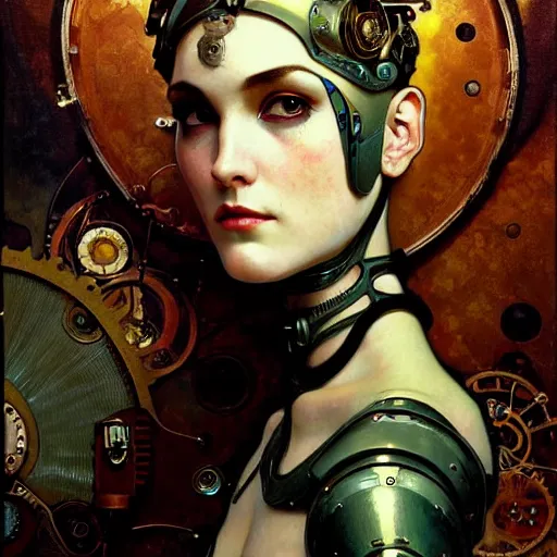 Image similar to close - up portrait of a beautiful female steampunk in the style of ex machina, karol bak, alphonse mucha, greg rutkowski,