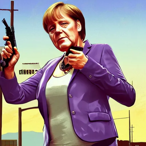 Image similar to Angela Merkel in GTA V, holding gun, smoking cigarette, cover art by Stephen Bliss, artstation, no text