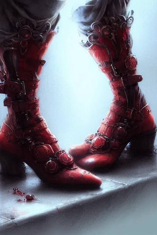 Image similar to red women's boots, shoes only, by wlop, by luis royo, by peter mohrbacher, concept art, digital illustration, intricate, masterpiece, elegant, super detailed, unreal engine rendering, smooth, sharp focus, artstation hq