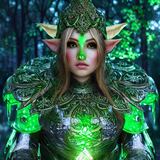 Prompt: portrait elf warrior in the forest, glowing, ornate and intricate green armour, jaw dropping beauty, glowing background lighting, green accent lighting, hyper detailed, fairy tale, 4 k octane render