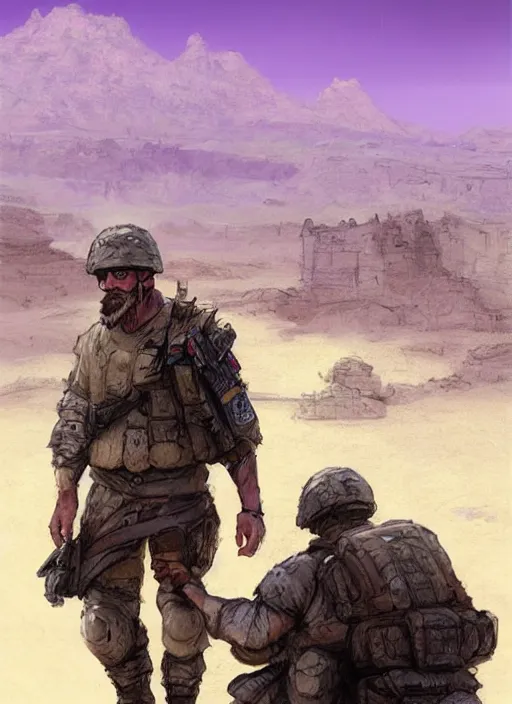 Image similar to purple scene lighting, detailed character portrait concept art, white male, strong muscular mature, soldier with beard, short hair, in a soldier uniform, desert with city in the background, sharp focus, illustration, highly detailed, digital painting, concept art, matte, art by wlop and artgerm and greg rutkowski, masterpiece