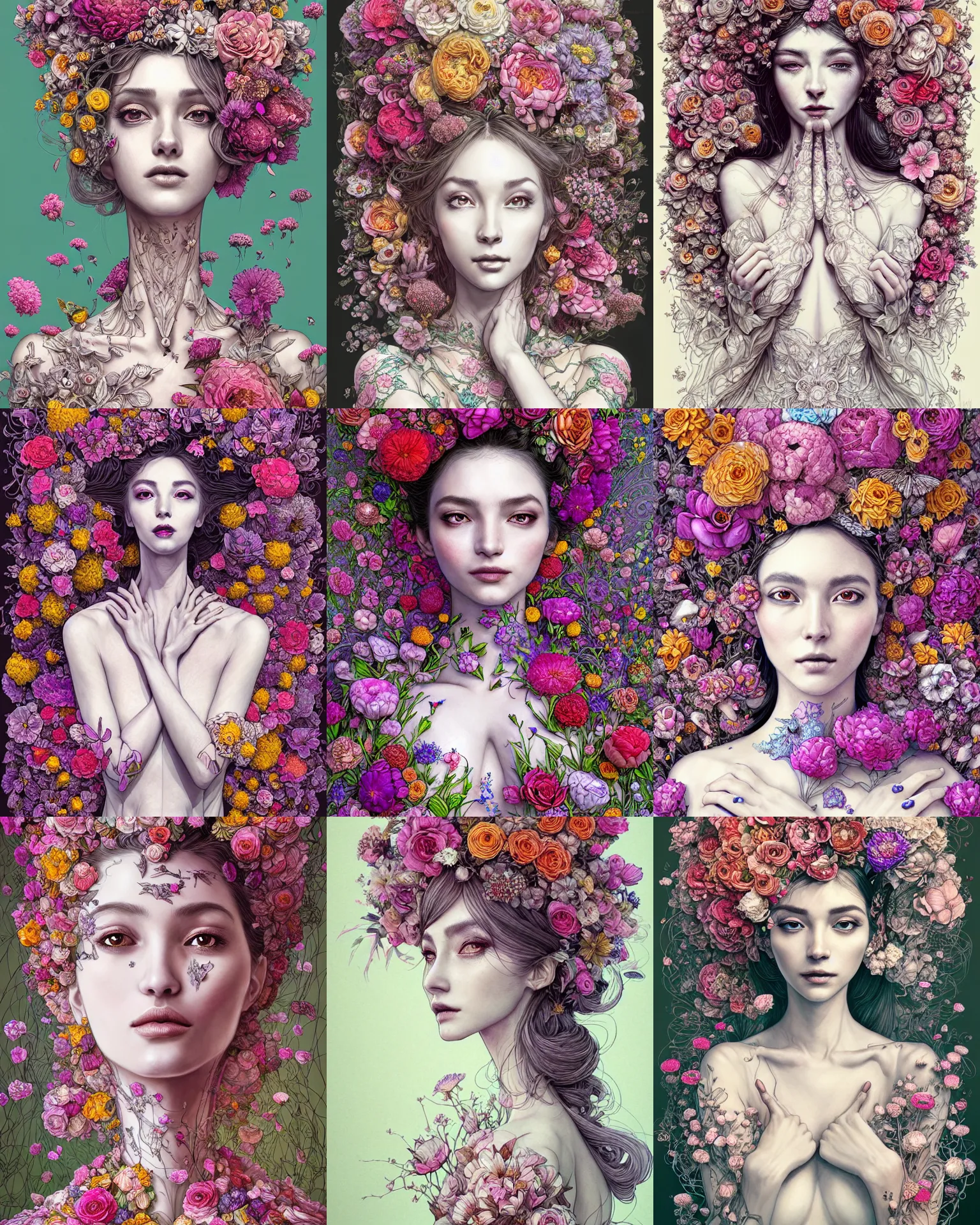 Prompt: the portrait of an absurdly beautiful, graceful, elegant, and perky woman made of flowers, an ultrafine detailed illustration by vania zouravliov, rossdraws, irakli nadar, intricate linework, bright colors, final fantasy, behance contest winner, angular, unreal engine 5 highly rendered, global illumination, radiant light, detailed and intricate environment