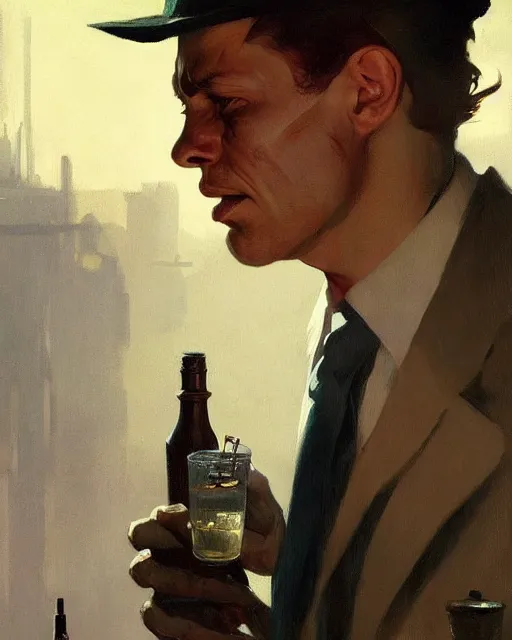 Prompt: young frank sinatra as a poor dystopian dieselpunk soviet bartender. art by greg rutkowski, gustave courbet, rosa bonheur, edward hopper. faithfully depicted facial expression, perfect anatomy, sharp focus, global illumination, radiant light, detailed and intricate environment, trending on artstation