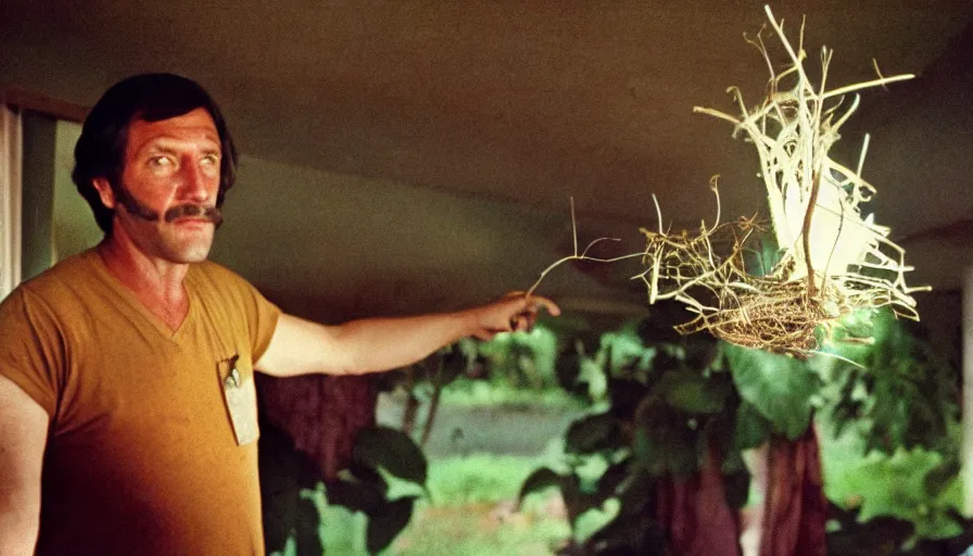 Prompt: 7 0 s movie still of a man with a moth nest, cinestill 8 0 0 t 3 5 mm eastmancolor, heavy grain, high quality, high detail