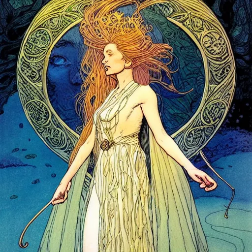 Image similar to a beautiful portrait of sanna!!!!! marin!!!!!, the young female prime minister of finland as a druidic wizard by rebecca guay, michael kaluta, charles vess and jean moebius giraud