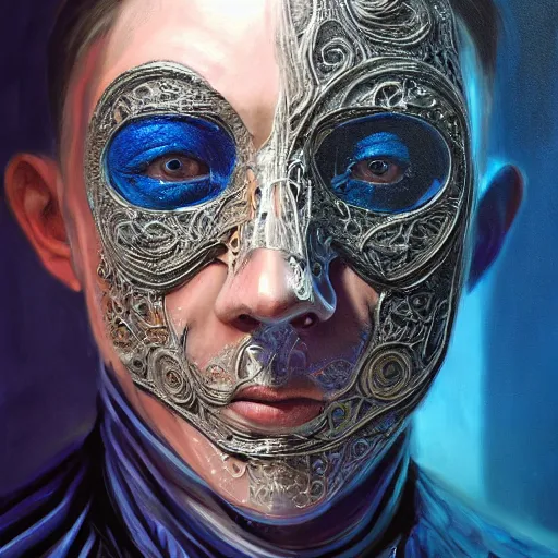 Image similar to Very very very very highly detailed epic central composition portrait of face with venetian mask, blue, intricate, dystopian, sci-fi, extremely detailed, digital painting, artstation, concept art, smooth, sharp focus, illustration, intimidating lighting, incredible art by Tokujin Yoshioka and Anton Pieck