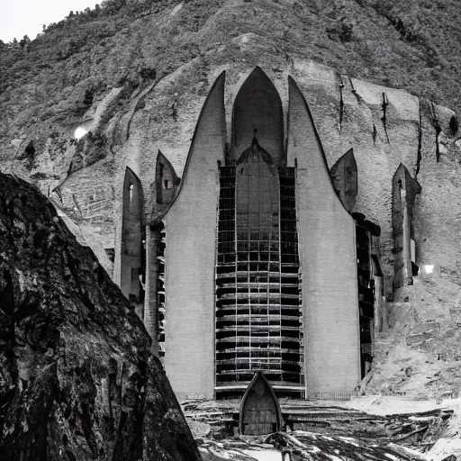 Prompt: photograph of an intimidating and mysterious cathedral built into the side of a Himalayan mountain at a high elevation, designed by I.M. Pei and Giger, cinematic lighting, dramatic masterpiece, magic hour, vultures flying in sky