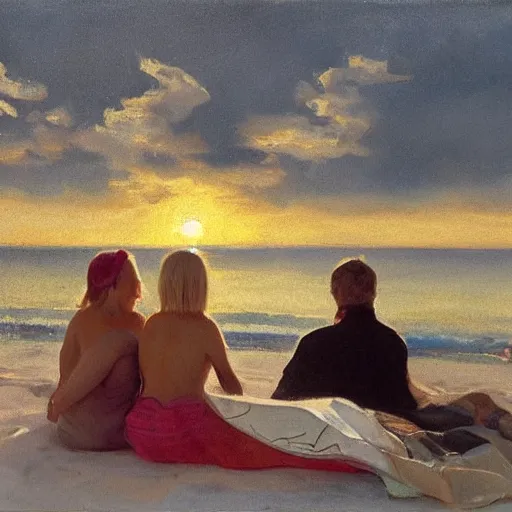 Prompt: a nine year old blonde girl and her two parents sit on a blanket at the beach and watch through sun go down in the style of anders zorn