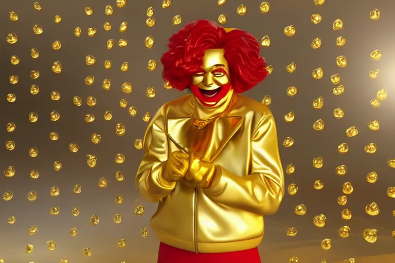 Image similar to a still of ronald mcdonald surrounded by gold and diamonds, award - winning, photograph, 3 d render, unreal engine, 4 k detailed