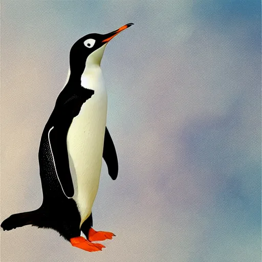 Image similar to “Penguin flying on a rocket, digital art, award winning”