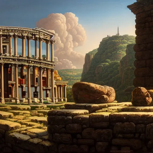 Image similar to highly detailed painting of an idyllic ancient roman city landscape, dramatic, sense of scale, stephen bliss, unreal engine, greg rutkowski, ilya kuvshinov, ross draws, hyung tae and frank frazetta, tom bagshaw, tom whalen, nicoletta ceccoli, mark ryden, earl norem, global illumination, god rays, beautiful