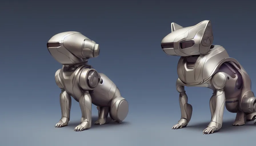 Image similar to product photo of a futuristic cut stylized pet robot by artgerm and greg rutkowski and alphonse mucha, zaha hadid, cat dog teddy mix, volumetric light, detailed, octane render, midsommar