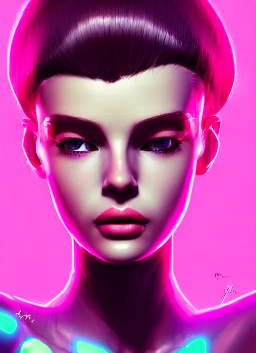 Image similar to photorealistic portrait of female humanoid, cyber neon lights, highly detailed, retro 6 0 s haute couture fashion, elegant, crispy quality, trending in artstation, trending in pinterest, glamor pose, no signature, no watermark, cinematic, art by pascal blanche