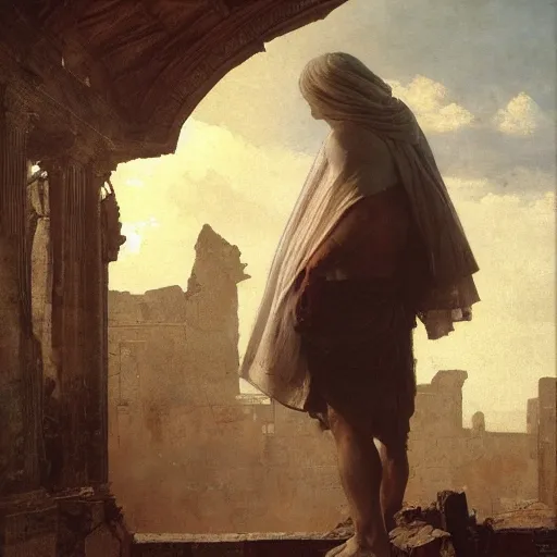 Image similar to half portait of magican wearing a closed cowl with big old book!, jeremy mann, jean leon gerome, tiepolo, alphonse mucha, greg rutkowski, face in the shadows, ( ( ruins of ancient rome ) ), at dusk, mysterious atmosphere, sunrays, dof, masterpiece, high detailed, 8 k