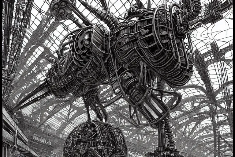 Image similar to dieselpunk huge robotic dragonfly, inside an gigantic underground concrete doom hangar, interior structure, drains, storm drains, jungle, vines, algea, cables, panels, walls, ceiling, floor, doors, brutalist architecture, intricate ink drawing, highly detailed in the style of Ashley Wood, moebius and Tsutomu Nihei, photorealistic, cinematic, intricate detail, well lit,