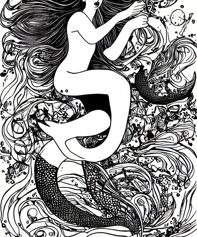 Image similar to black and white illustration, creative design, beautiful mermaid with fishes