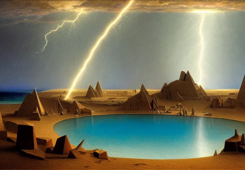 Image similar to Piramids of sand, refracted sparkles, thunderstorm, greek pool, beach and desert on the background major arcana sky, by paul delaroche, hyperrealistic 4k uhd, award-winning, very very very detailed