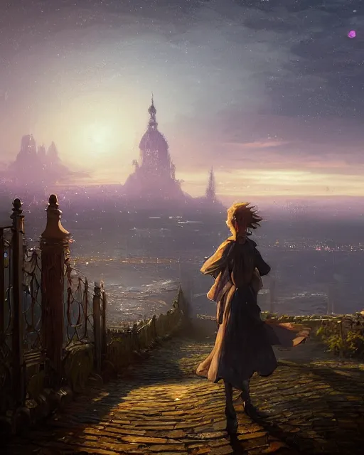 Image similar to over the shoulder landscape painting of violet evergarden, behind are distant lights from an old european city, next to the reflecting ocean, nighttime, by Philipp A. Urlich and Pengzhen Zhang and Andreas Rocha, fantasy, intricate, elegant, highly detailed, digital painting, artstation, blender, unreal engine 5, octane render, smooth, sharp focus, illustration