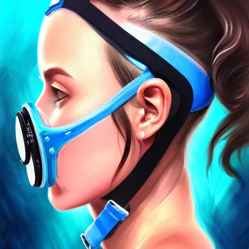 Image similar to profile photo of a girl diver wearing a visor and a diving mask with high detailed tattoos on neck, side profile in underwater, highly detailed, digital painting, artstation, concept art, smooth, sharp focus, illustration by Sandra Chevrier