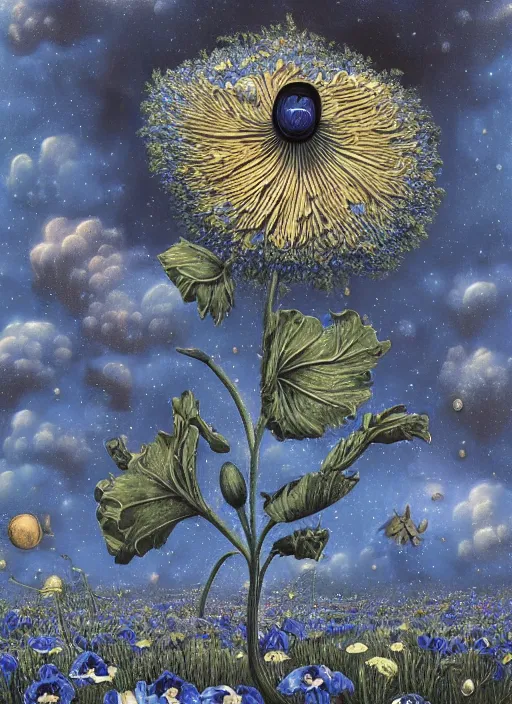 Image similar to detailed, intricate blue black and purple papaverum flower on the field, nebula, galaxy in the sky, winning award masterpiece, fantastically beautiful, illustration, aestheticly inspired, jacek yerka, upscale with anguissola sofonisba work, artstation, 8 k