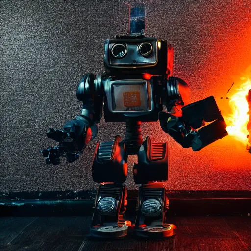 Image similar to toaster oven terminator robot, dark messy smoke - filled cluttered workshop, dark, dramatic lighting, orange tint, sparks, cinematic, highly detailed, sci - fi, futuristic, movie still