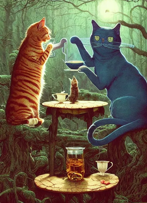 Image similar to cat having tea with a witch at a shrine in the woods gorgeous lighting, lush forest foliage blue sky a hyper realistic painting by chiara bautista and beksinski and norman rockwell and greg rutkowski weta studio, and lucasfilm