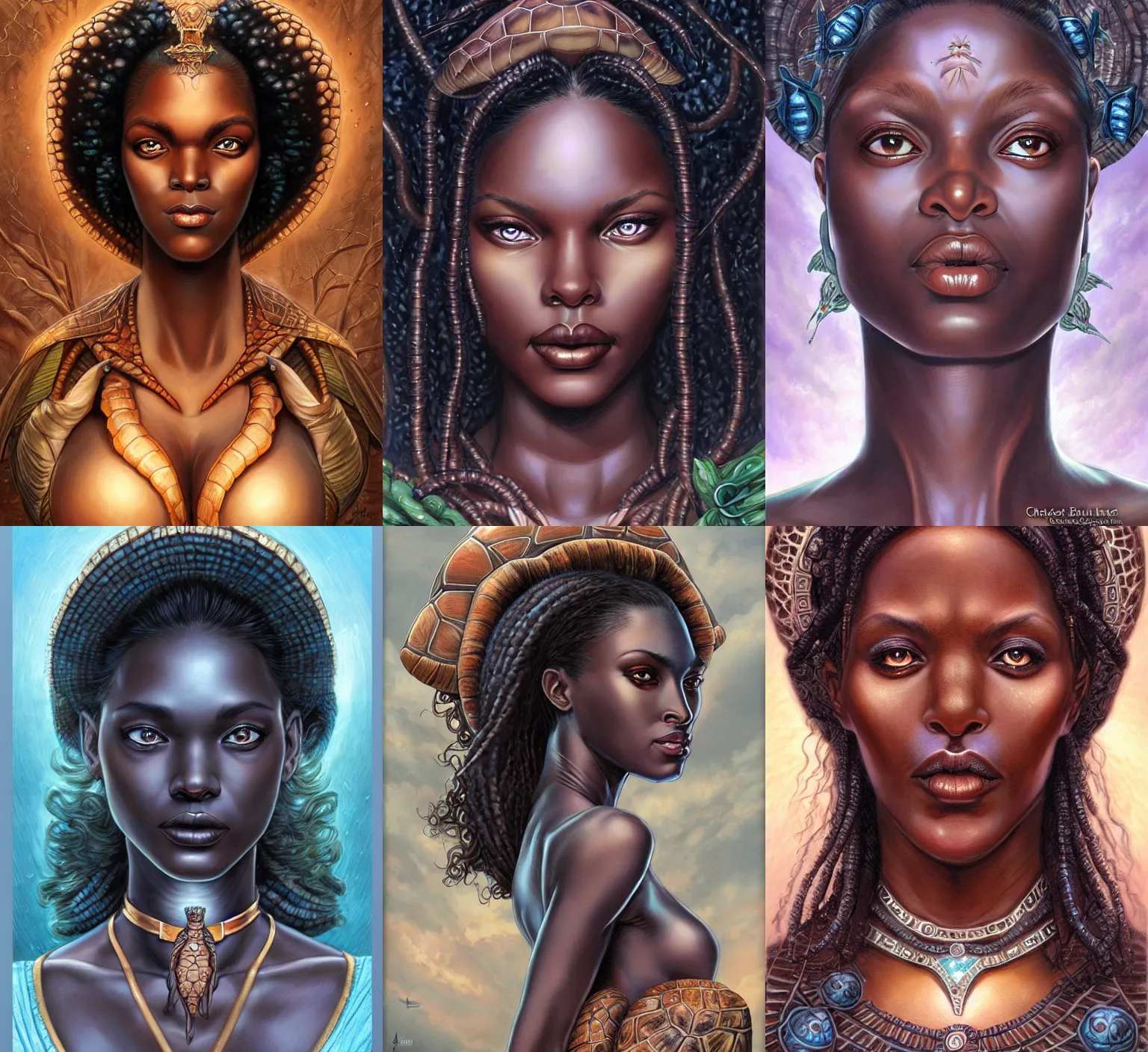 Image similar to stunning goddess of turtle portrait, clear eyes and dark skin. realistic, symmetrical face. art by bowater charlie, mark brooks, julie bell, arian mark, tony sandoval