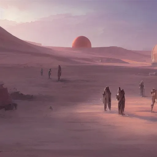 Image similar to star wars concept art of tatooine by greg rutkowski, cinematic lighting, evening light, nostalgic atmosphere.